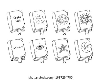 Line art illustration of hand drawn magic books. Spell books set. Isolated on white background.