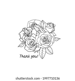 Line art illustration of hand drawn rose flowers bouquet with lettering text thank you. Isolated on white background.