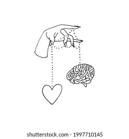 Line art illustration of hand drawn female hands holding heart and a brain. Manipulation concept. Isolated on white background.