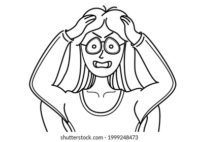 Line art illustration hand drawn woman holding her head, sad woman, worried face