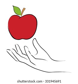 Line art illustration of a hand grabbing an apple