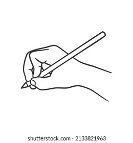 Line art illustration of hand holding pen and writing or drawing. Hand holding pen line art