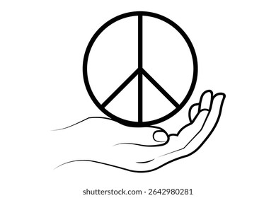 Line art illustration of a hand holding a peace symbol, conveying themes of hope, unity, and non-violence.