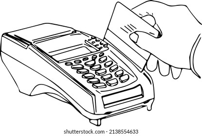 Line Art Illustration Of Hand Swiping Credit Card In Credit Card Machine, Credit Card Swipe Machine Outline Sketch Vector For Print Ad