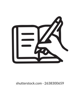 Line art illustration of a hand writing in an open book or notebook, perfect for education, learning, creativity, or writing concepts
