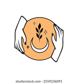 Line art illustration of hands holding magic ball with symbols of crescent moon and plant inside. Vector drawing for mystical blog, social media, sticker, or print. Tarot, astrology, spiritual concept