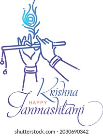 Line art Illustration of Hands of Lord Krishna playing Bansuri (flute) on Shri Krishan Janmashtami festival of India Banner White Background