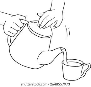 Ilustração de arte de linha de mãos derramando líquido de um bule de chá ou cafeteira em uma xícara. Perfeito para temas de café da manhã, pausas para café, hora do chá, hospitalidade ou relaxamento. Ideal para blogs gastronômicos, cafés.