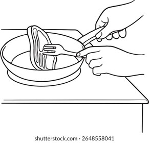 Line art illustration of hands serving food from a pan with a fork and knife. Perfect for conveying cooking, eating, meal preparation, or restaurant themes. Ideal for food blogs.