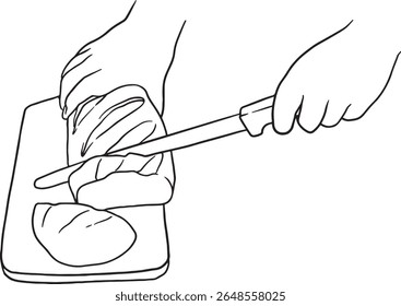 Ilustração de arte de linha de mãos cortando um pão fresco em uma tábua de corte. Perfeito para blogs gastronômicos, livros de receitas, tutoriais de cozinha ou conteúdo relacionado a cozimento, culinária e ingredientes frescos.