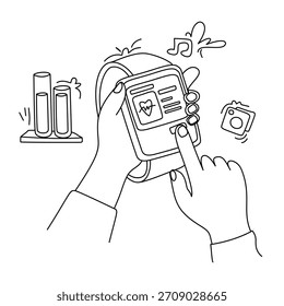 Line Art Illustration von Händen mit einer Smartwatch mit Gesundheit und