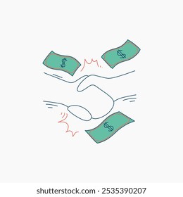 A line art illustration of a handshake with dollar bills around it.