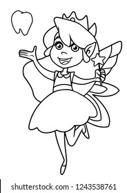 Line art illustration of happy little tooth fairy, flying on white background.