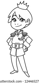 Line art illustration of happy little prince smiling on white background.