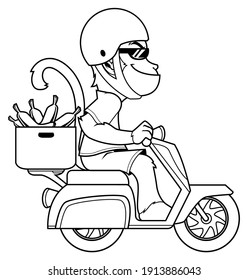 Line art illustration of happy monkey on scooter carrying box of bananas.