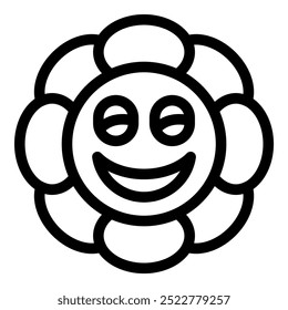 Ilustración del arte de la línea de una flor sonriente feliz con los ojos cerrados