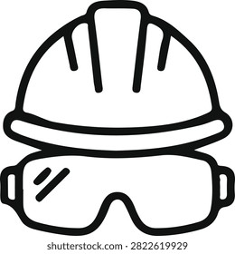 Line art illustration of a hard hat with attached safety goggles