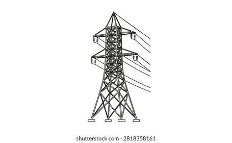 Line art illustration of a high-voltage electrical transmission tower carrying power lines on a clean white background.