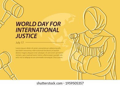 Line Art Illustration of Hijab Woman Holding Judge Hammer. Young Arabian Muslim on The World Day for International Justice Hand Drawn Concept.