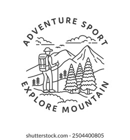 A line art illustration of a hiker standing in front of a mountain, surrounded by trees, with the words "adventure sport explore mountain" surrounding the scene.