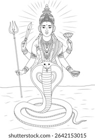Line Art Illustration of Hindu Goddess Nagneshwari Ma with Cobra, Black and white line art illustration depicting Nagneshwari Ma, a Hindu goddess often associated with snakes (naga). She is shown