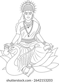 Line Art Illustration of Hindu Goddess Gayatri Devi, A black and white line drawing of the Hindu goddess Gayatri Devi, depicted sitting on a lotus flower with her vehicle, a swan (hamsa). She is