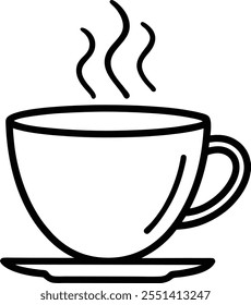 Line art illustration of a hot beverage in a cup and saucer. Steam rises from the cup, suggesting warmth and freshness. Simple, clean design.