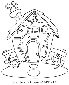 Line Art Illustration of a House Covered with Numbers and Mathematical Symbols (Coloring Page)