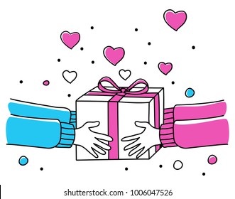 Line art illustration of human hands giving gift box, for Valentine's day theme and background