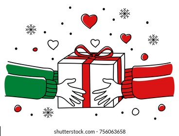 Line art illustration of human hands giving Christmas present, for Christmas theme and background