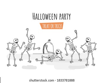 Line Art Illustration of Human Skeletons Dancing or Enjoying with Drink Glass on White Background for Halloween Party, Treat Or Trick.
