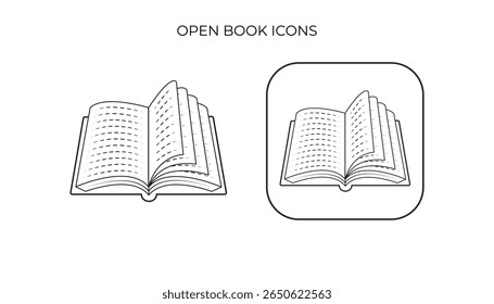 A line art illustration or icons of an open book with dashed text lines, depicting pages turning.