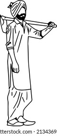 Line art illustration of indian farmer, Outline sketch drawing of Indian farmer