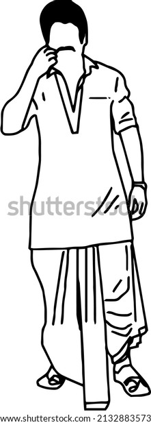 line art illustration of indian Stylist man wearing
traditional Indian dress Dhoti kurta, Illustration of indian
stylist man