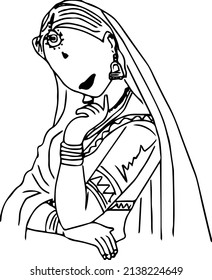 Line Art Illustration Indian Woman In Traditional Dress, Outline Sketch Of Indian House Wife For Print Ad