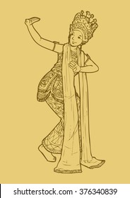 Line Art Illustration Of Indonesian Traditional Dance From Bali