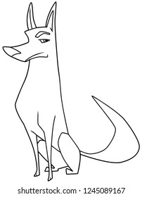 Line art illustration of an intelligent and suspicious dog sitting down while looking at camera with vigilance against white background for copy space.