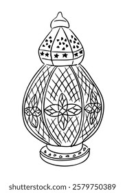 Line art illustration of an Islamic lantern with intricate patterns, including floral and geometric elements, symbolizing traditional Middle Eastern and Ramadan themes