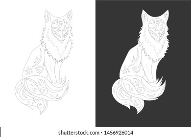 Line art illustration of japanese fox kitsune. Ornamental hand drawn artwork. Halloween greeting card.