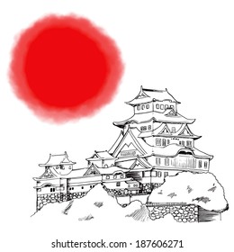 Line art illustration of Japanese Himeji castle with big red circle on background