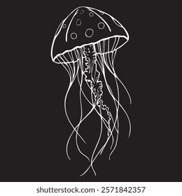 line art illustration of jellyfish on the black background 