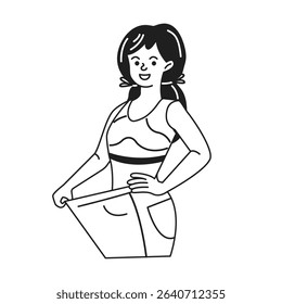 Line art illustration of a joyful woman showing significant weight loss by holding oversized pants. Her expression suggests pride and achievement on a plain background.