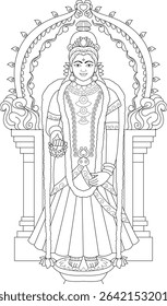 Line Art Illustration of Kanya Kumari Devi, A black and white line drawing of the Hindu goddess Kanya Kumari Devi, depicted standing within an ornate archway.