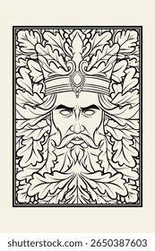 ilustração de arte em linha de um rei com folhas de carvalho ao seu redor