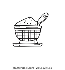 Ilustração de arte de linha de um coador de cozinha com uma colher. Esta imagem é perfeita para criar um livro de receitas, guia de cozinha ou livro de receitas.