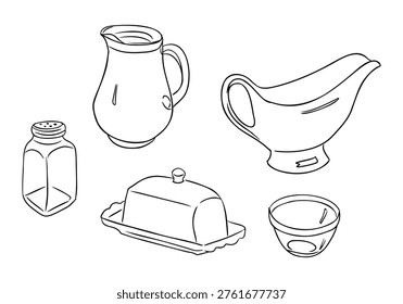 Line art illustration of kitchenware including a pitcher, gravy boat, butter dish, salt shaker, and small bowl arranged on a flat surface