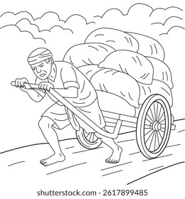 Line Art Illustration of a Laborer Pulling a Loaded Cart – May Day Concept