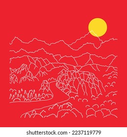 Line art illustration, landscape with a path in nature among rocks and plants with mountains on a red background with a sun
