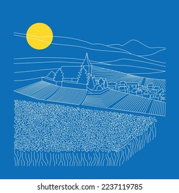 Line art illustration, landscape of a small village in the French countryside among the vineyards with the mountains and the sun on a blue background