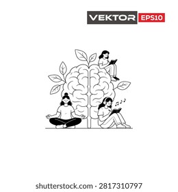 Line art illustration of a large brain with leaves surrounded by people meditating reading and listening to music representing mental growth and self improvement